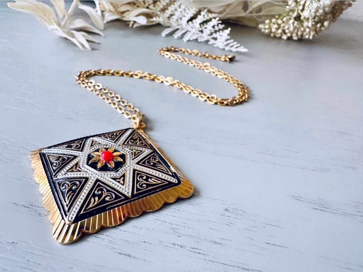 Vintage Spanish Damascene Necklace, Gold, Black and Silver with Orange Ballotini Bead, Vintage Gold Diamond Pendant Statement Necklace
