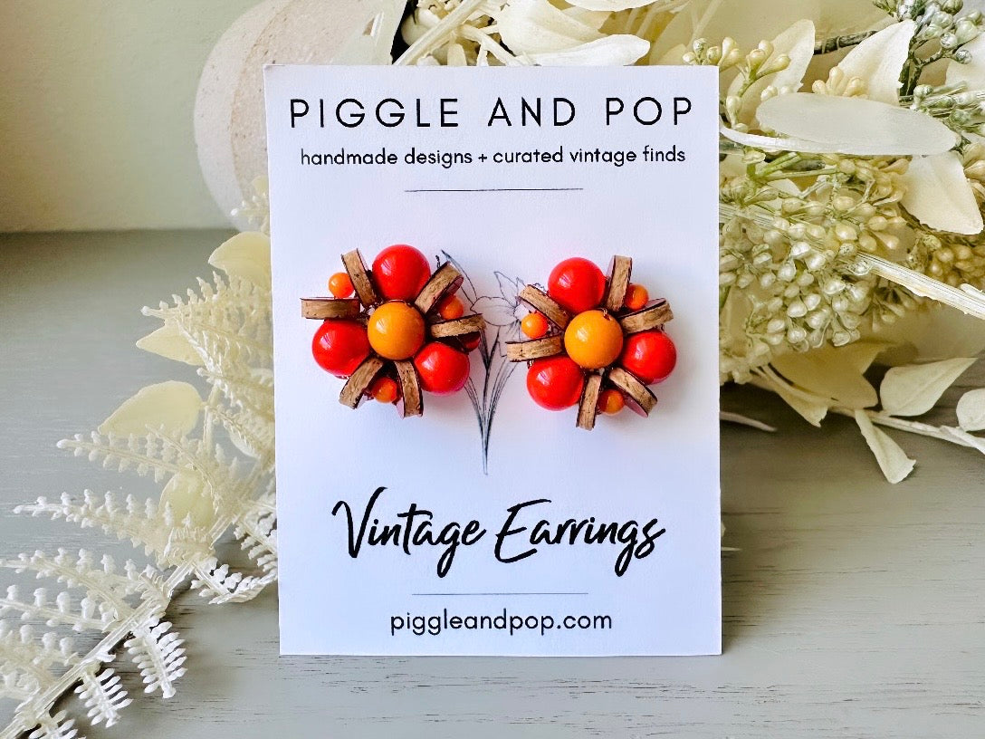 Vibrant 1960s Earrings, Red + Orange Vintage Beaded Clip On Earrings, Japanese Earrings w Wood Discs and Rhinestones, Authentic 60s Earrings