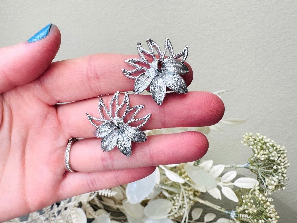 Silver Flower Earrings, 1969 Silver Demi Flower Earrings, Openwork Clip On Earrings, Pretty 1960s Retro Mod Earrings, SIGNED SC