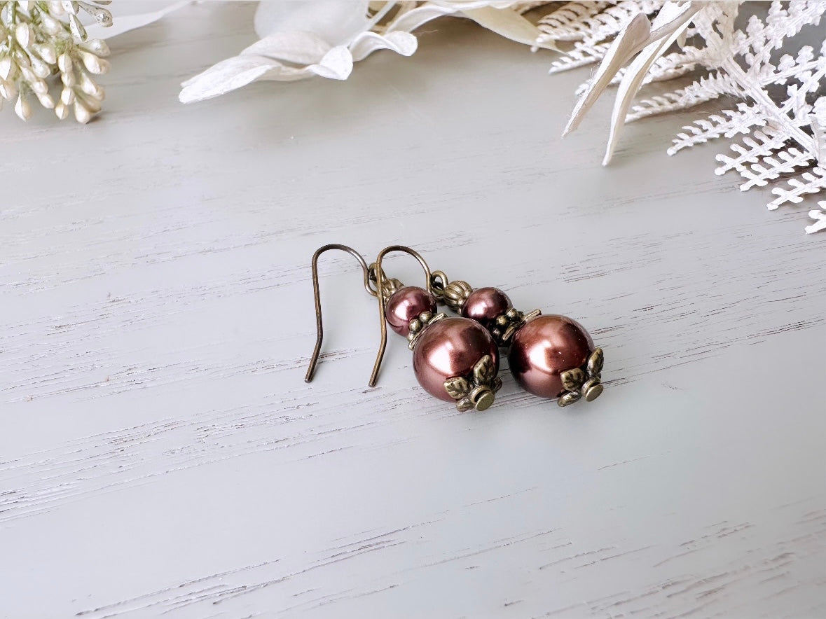 Bridgerton Pearl Earrings in Chocolate Brown, Handmade Beaded Drop Earrings w Antique Bronze Floral Accents, Regency Era Vintage Inspired by Piggle and Pop