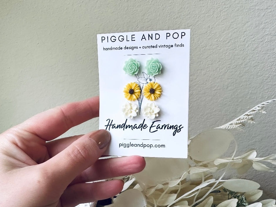 Spring Flower Earrings Gift Set, Yellow Gerber Daisy, Cream Lotus, Mint Rose, Cute Country Floral Hypoallergenic Surgical Steel Stud Earring
