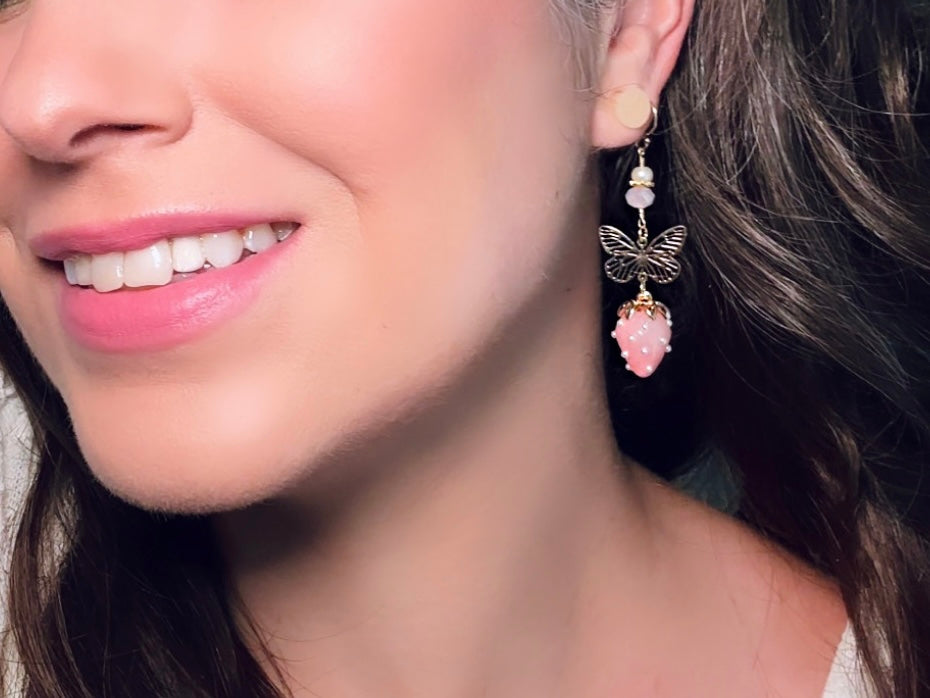 Pink Strawberry Earrings with Gold Filigree Butterfly, Handmade 24k Pearl Dangle Earrings