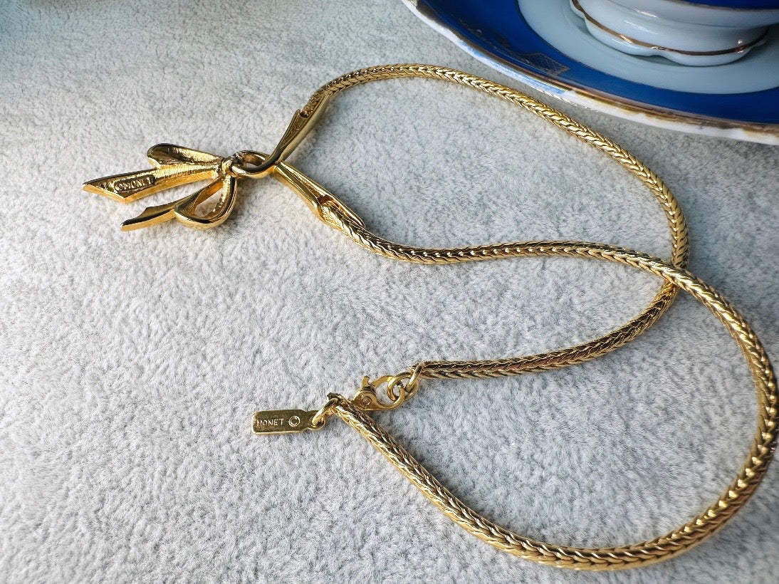 Gold Bow Necklace, Monet Vintage Gold Ribbon Pendant Necklace, Minimalist Wheat Chain Elegant Gold Knot Necklace