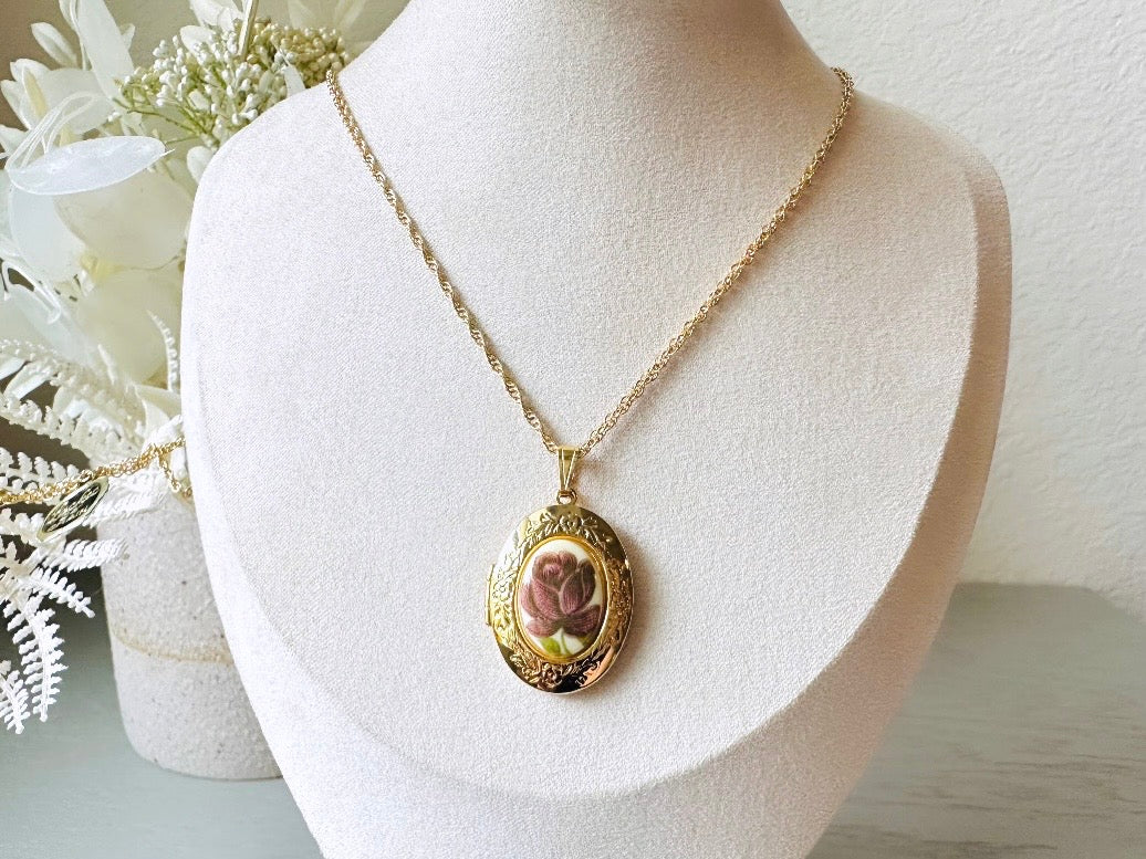 Flower Locket Necklace, Vintage Gold Chain with Plum Rose Cameo,
