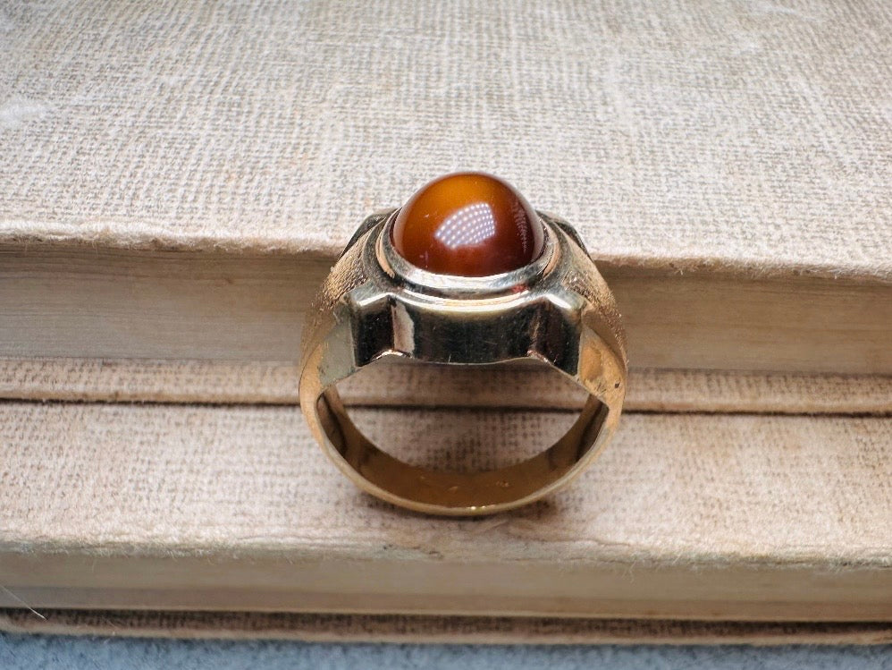 Tigers Eye Ring, Vintage Gold Gemstone Statement Ring, Chunky Unisex 1970s Cocktail Ring