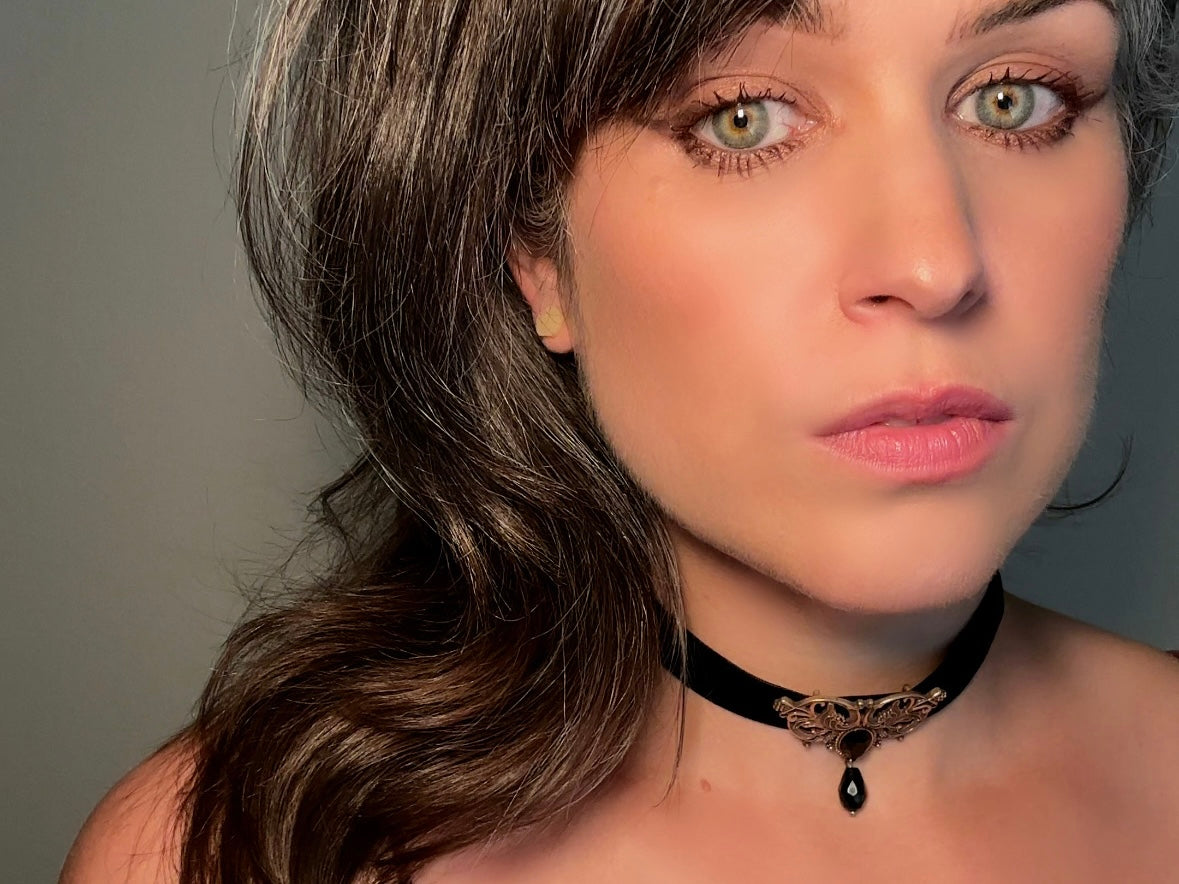 Black Velvet Choker Necklace with Bronze Filigree Focal + Black Crystals, Dramatic 1980s Victorian Revival Necklace, 15" Velvet Necklace