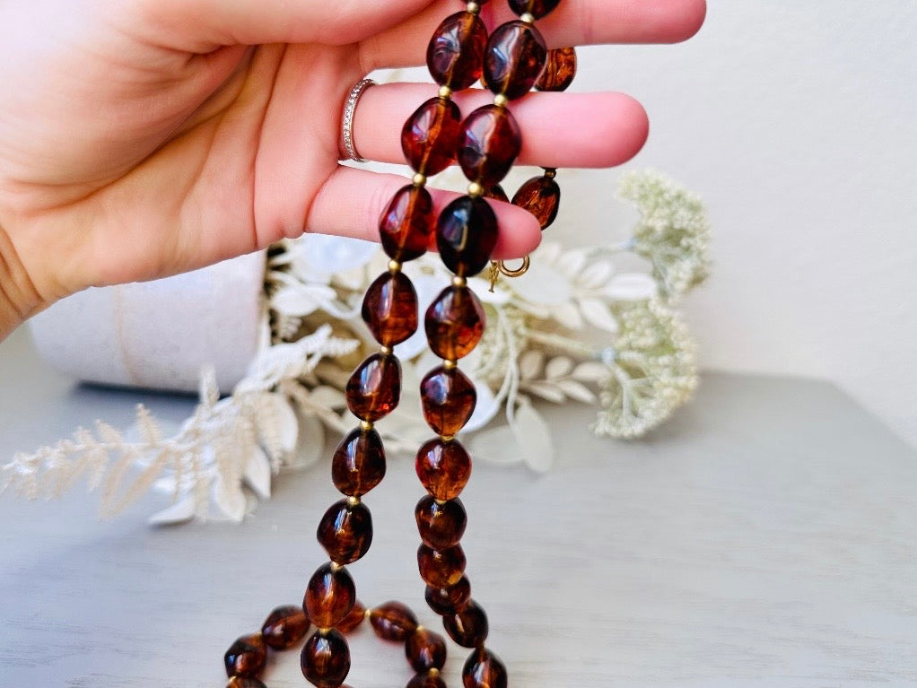 Vintage Faux Amber Necklace, Long Beaded Glowing Rootbeer Simulated Amber Trifari Necklace with Gold Accents, 1970s Signed Designer Jewelry
