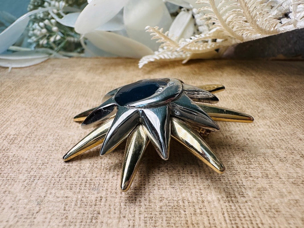 Vintage Liz Claiborne Star and Moon Pin, LCI Celestial Brooch in Gold and Silver with Midnight Blue Enamel