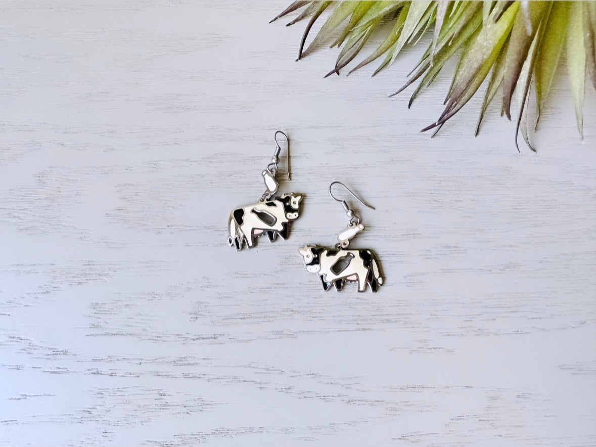 Vintage Berebi Cow Earrings, Adorable Cow and Milk Bottle Earrings, Fun 1980s Collector's Earrings, Pierced Enamel Earrings, Cool Retro