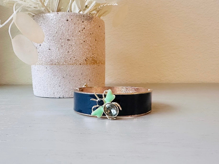 Vintage Cuff Bracelet, Navy Gold and Mint Enamel Hinged Bracelet with Rhinestone Firefly Bugs, Gold Hinged Clamper Bracelet for Stacking