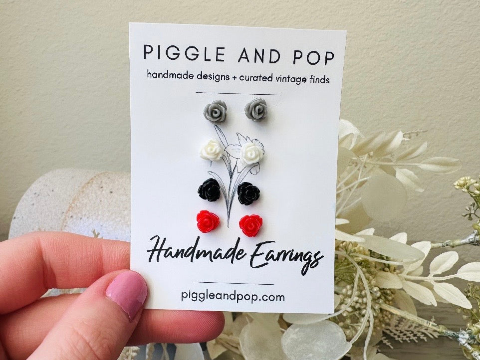 Tiny Rose Earrings Red, White, Grey and Black, Stud Earrings Set, Small Resin Flower Post Earrings, Surgical Steel Earrings, White Earring fse4