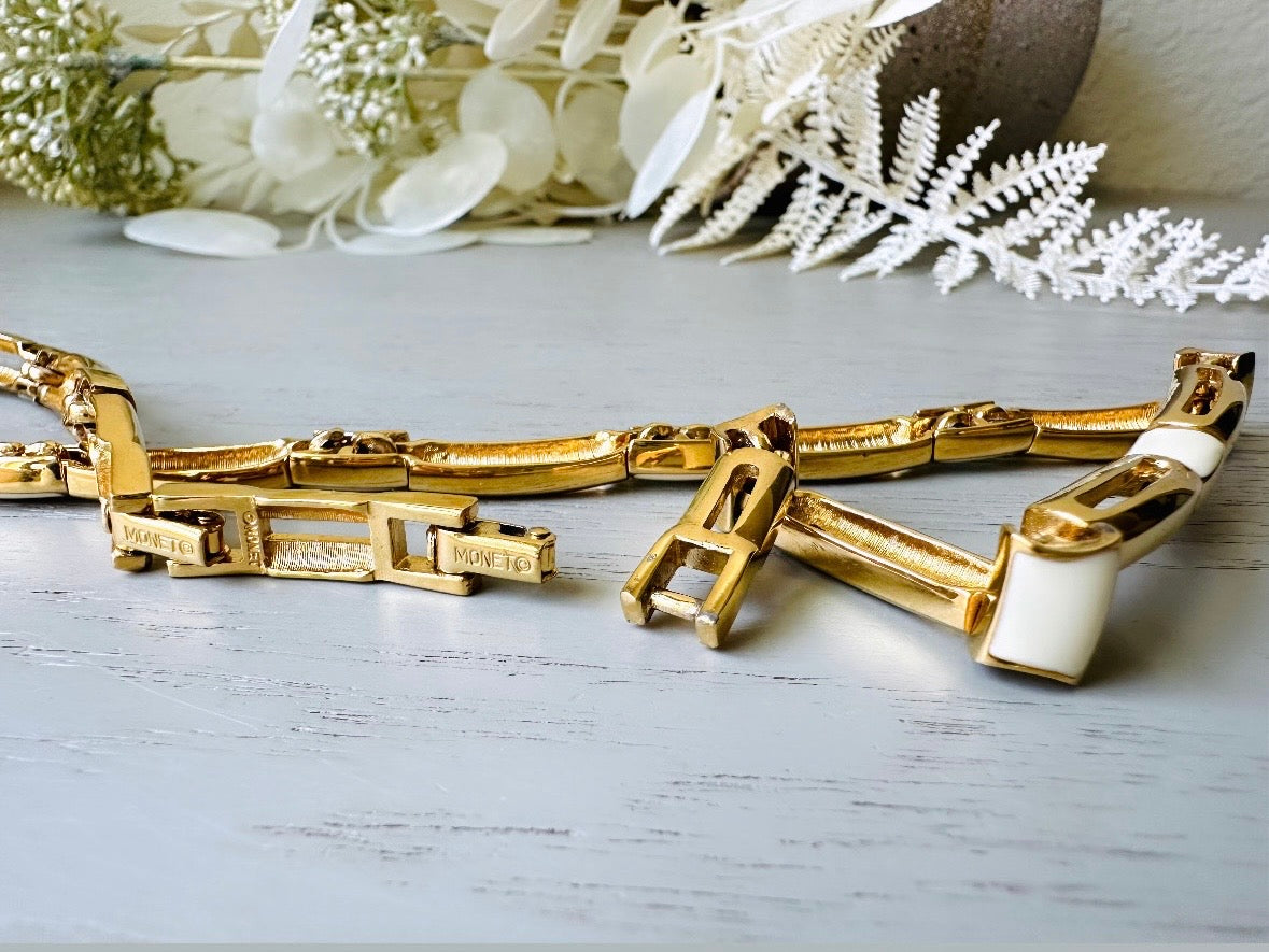 Vintage Monet Necklace in Cream and Gold, 1970s Vintage Designer Jewelry, Geometric Gold Bar Panel Link Choker Necklace, Adjustable Length