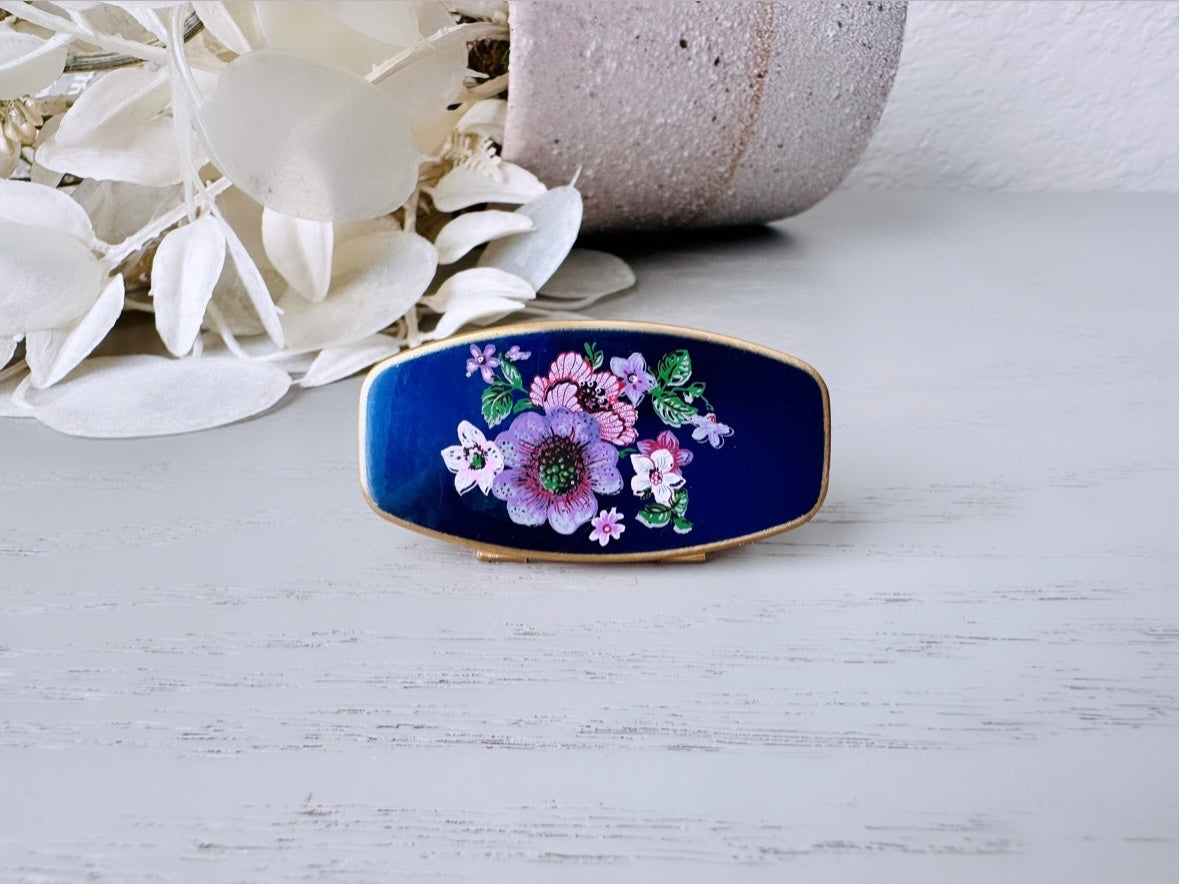 Vintage Lipstick Mirror, Vintage 1950s Cosmetic Case, Deep Navy Blue Indigo with Purple Flowers Mirror, Vtg 50s Floral Makeup Mirror