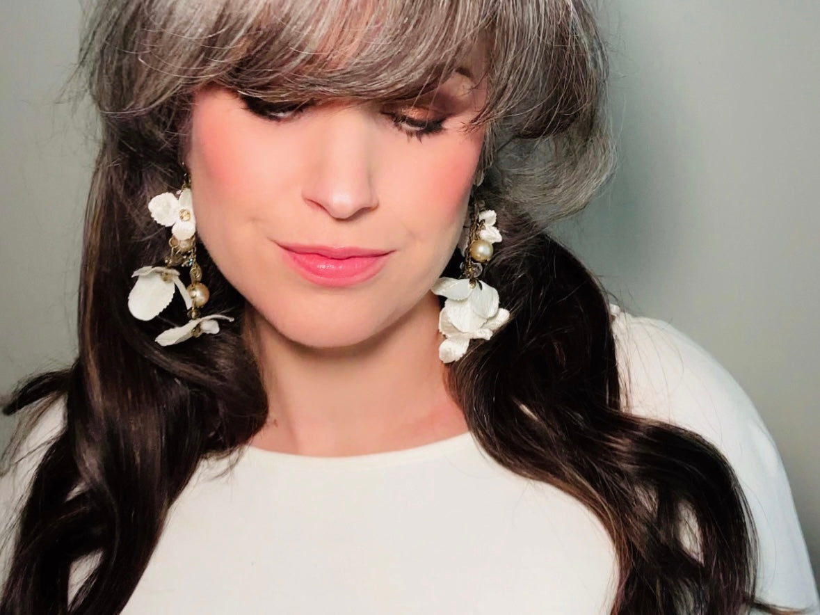 Flower Charm Earrings, Handmade Whimsical Silk Flower Earrings w Wire Wrapped Pearls and Champagne Crystals, Ethereal Fairy Wedding Earrings by Piggle and pop