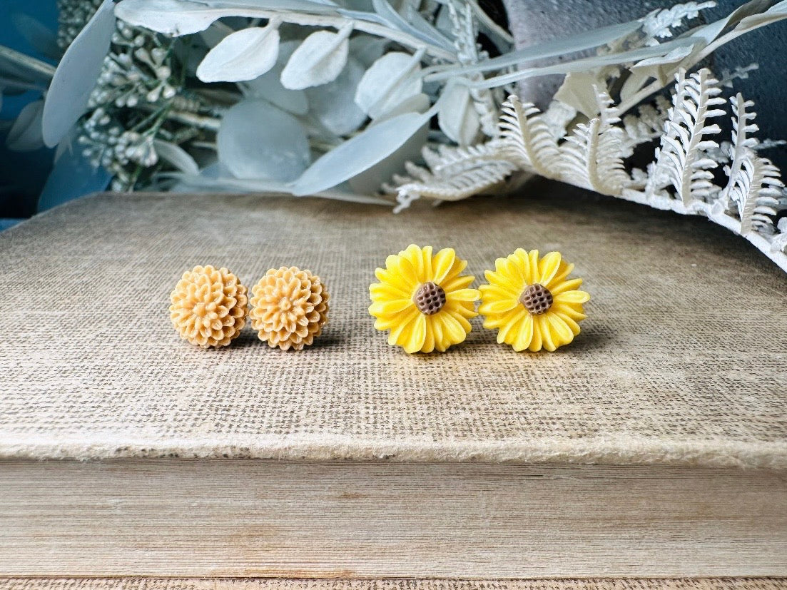 Flower Earring Gift Set, Yellow Gerber Daisy Earrings and Caramel Dahlia Post Earrings, Hypoallergenic Surgical Steel