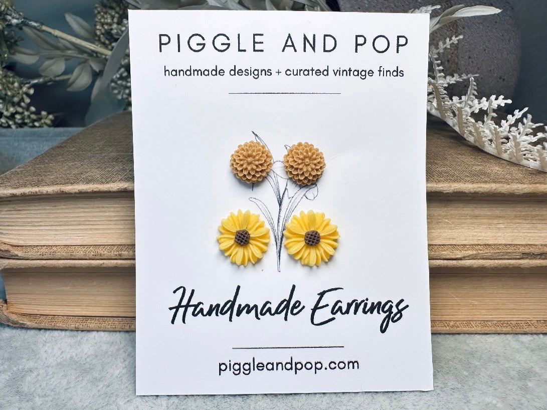 Flower Earring Gift Set, Yellow Gerber Daisy Earrings and Caramel Dahlia Post Earrings, Hypoallergenic Surgical Steel