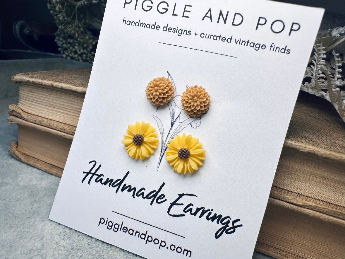 Flower Earring Gift Set, Yellow Gerber Daisy Earrings and Caramel Dahlia Post Earrings, Hypoallergenic Surgical Steel