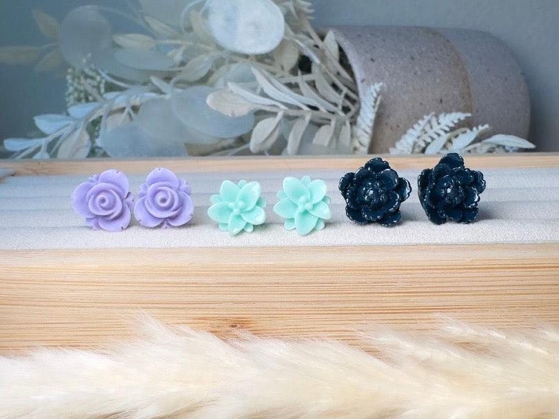 Flower Earring Set, Purple Mint and Navy Handmade Floral Hypoallergenic Surgical Steel Post Earrings