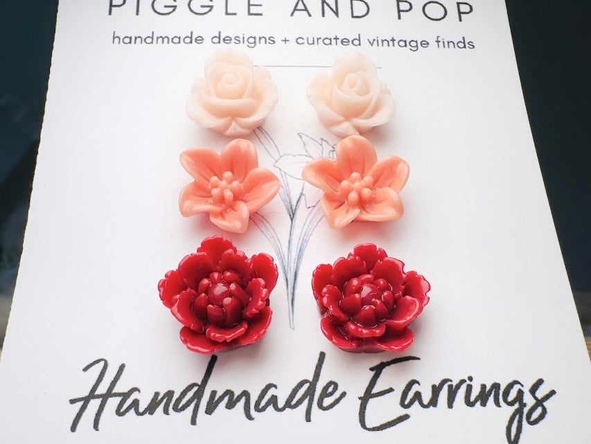 Flower Earrings Gift Set in Pink Peach and Red, Handmade Cherry Blossom Hypoallergenic Surgical Steel Post Earrings