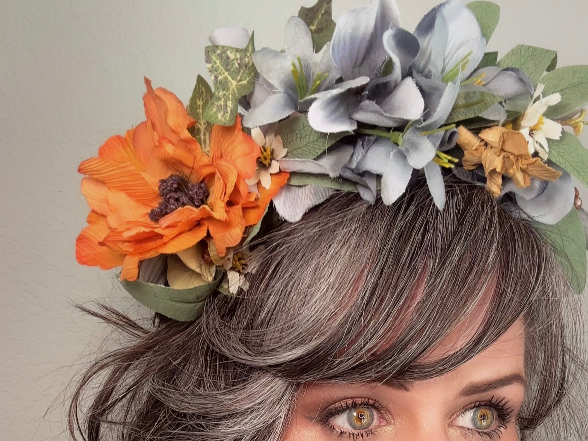 Flower Hair Crown, Handmade Rustic Woodland Faerie Floral Hair Accessories, Grey Gold and Orange Hair Wreath by Piggle and Pop modelled by Bethan Jayne