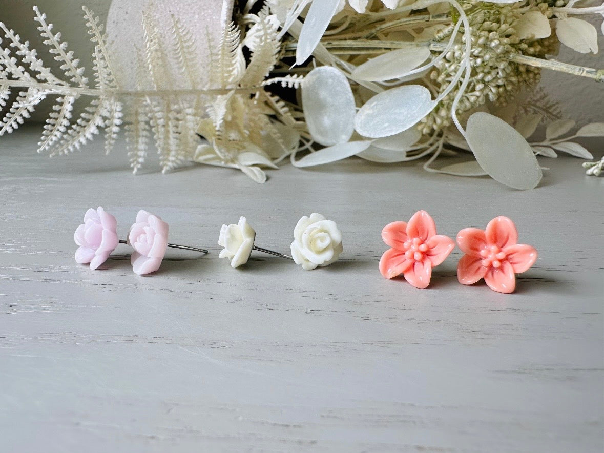 Flower Stud Earrings in Lavender, White and Rosey Pink, Pastel Floral Earrings Set, Hypoallergenic Surgical Steel Post Earrings