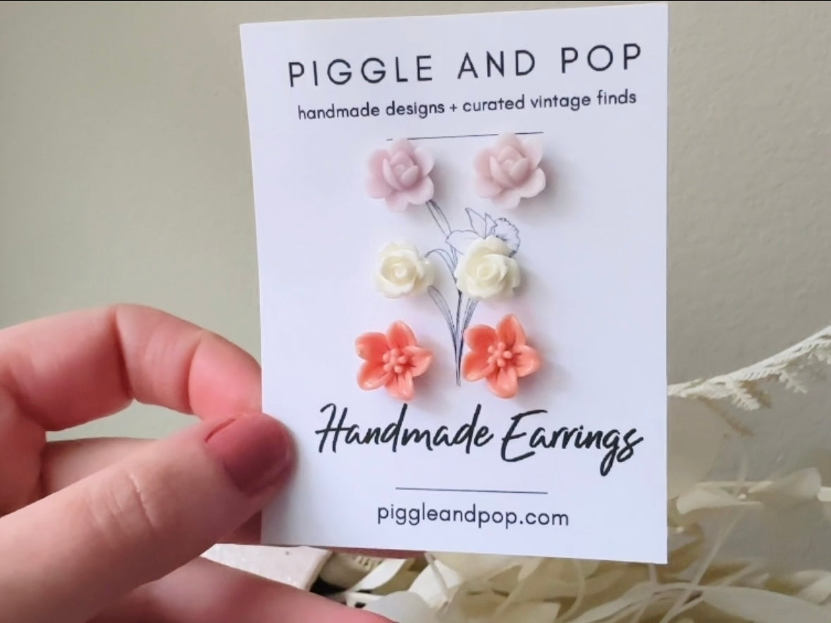 Flower Stud Earrings in Lavender, White and Rosey Pink, Pastel Floral Earrings Set, Hypoallergenic Surgical Steel Post Earrings