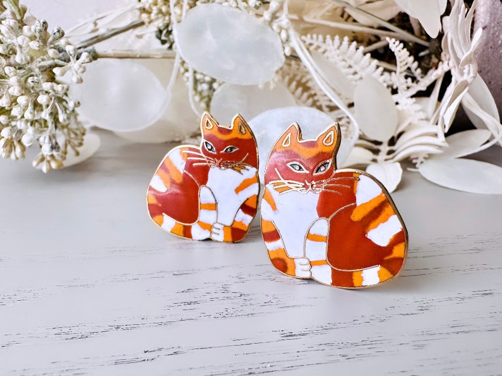Vintage Cat Earrings, 1980s MEOW Signed Designer Enamel Clip On Earrings, Big Orange Cat Earrings, Whimsical Kitschy 80s Clip-Ons NonPierced