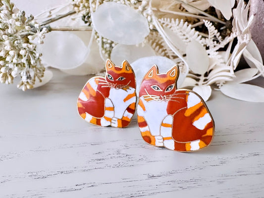 Vintage Cat Earrings, 1980s MEOW Signed Designer Enamel Clip On Earrings, Big Orange Cat Earrings, Whimsical Kitschy 80s Clip-Ons NonPierced