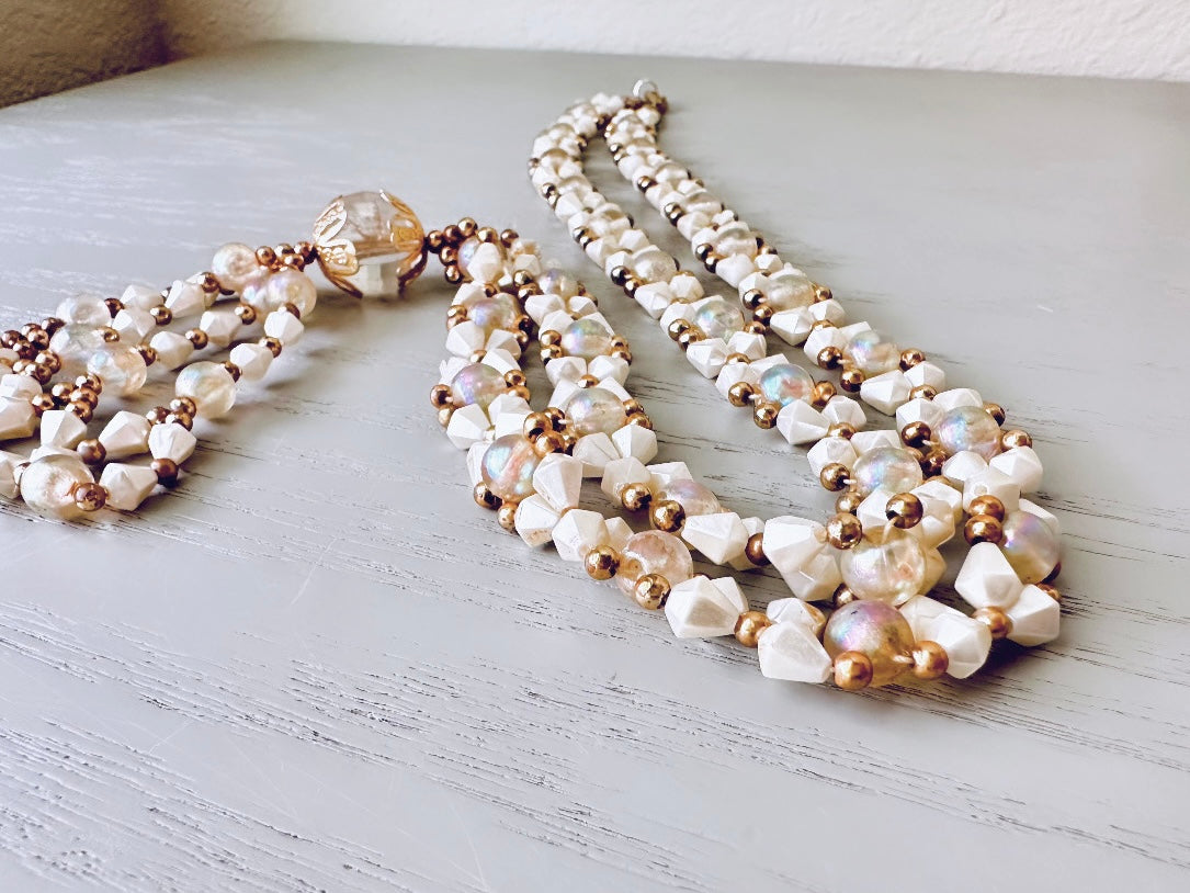 1950s Vintage Pearl Necklace, Gold and Pearl Extra Long Lariat Style, 50s Hong Kong Beaded Necklace With Looped Tassels, Boho Bridal Look