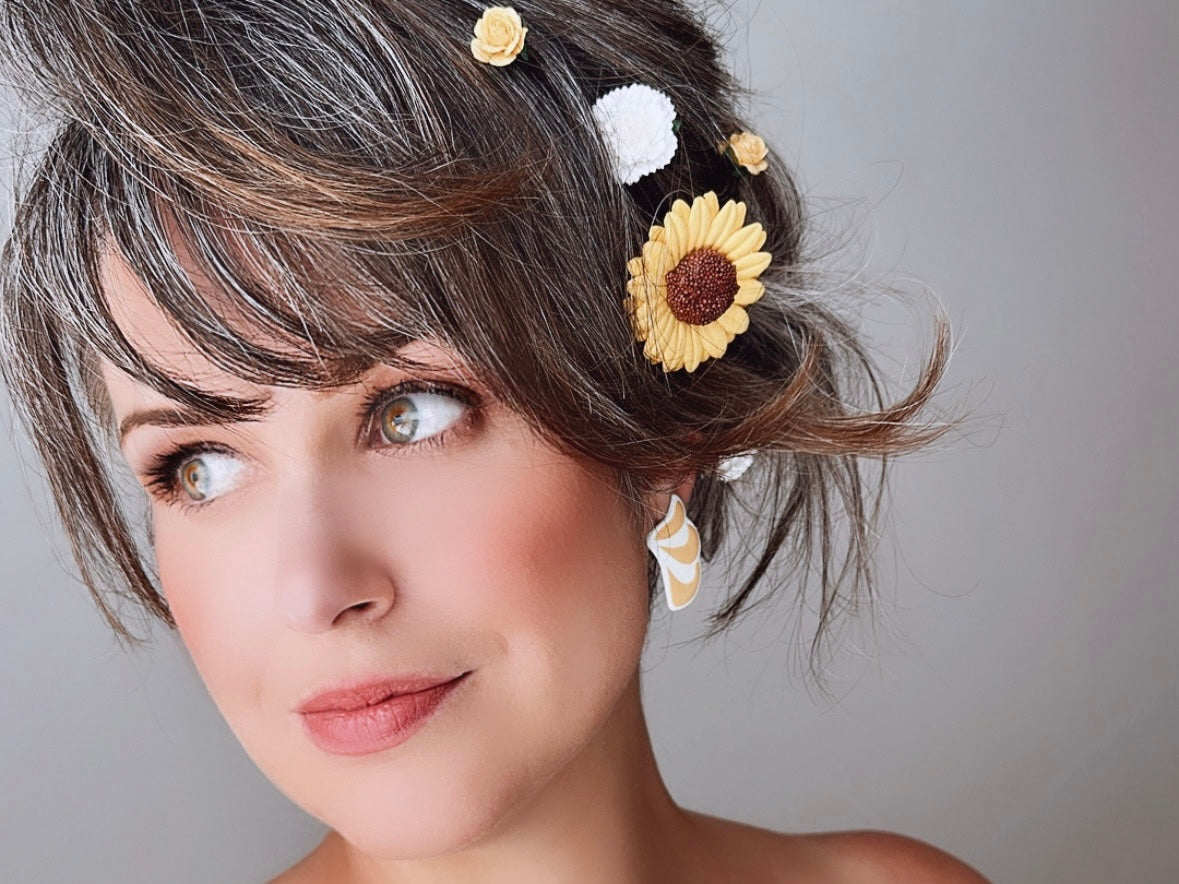 Yellow Flower Hair Pin Set, Yellow Sunflower Bobby Pin with White Carnation + Yellow Rose Hair Flowers, Sunny Handmade Hair Accessories