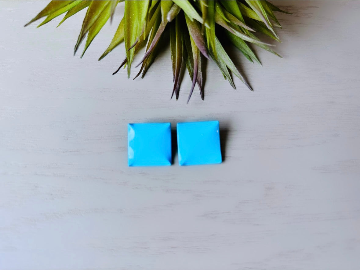 Sky Blue Vintage 1980's Square Stud Earrings, Big Geometric Opaque Enamel Earrings, Vintage Tiffany Blue Pierced Post Earrings, Funky Retro