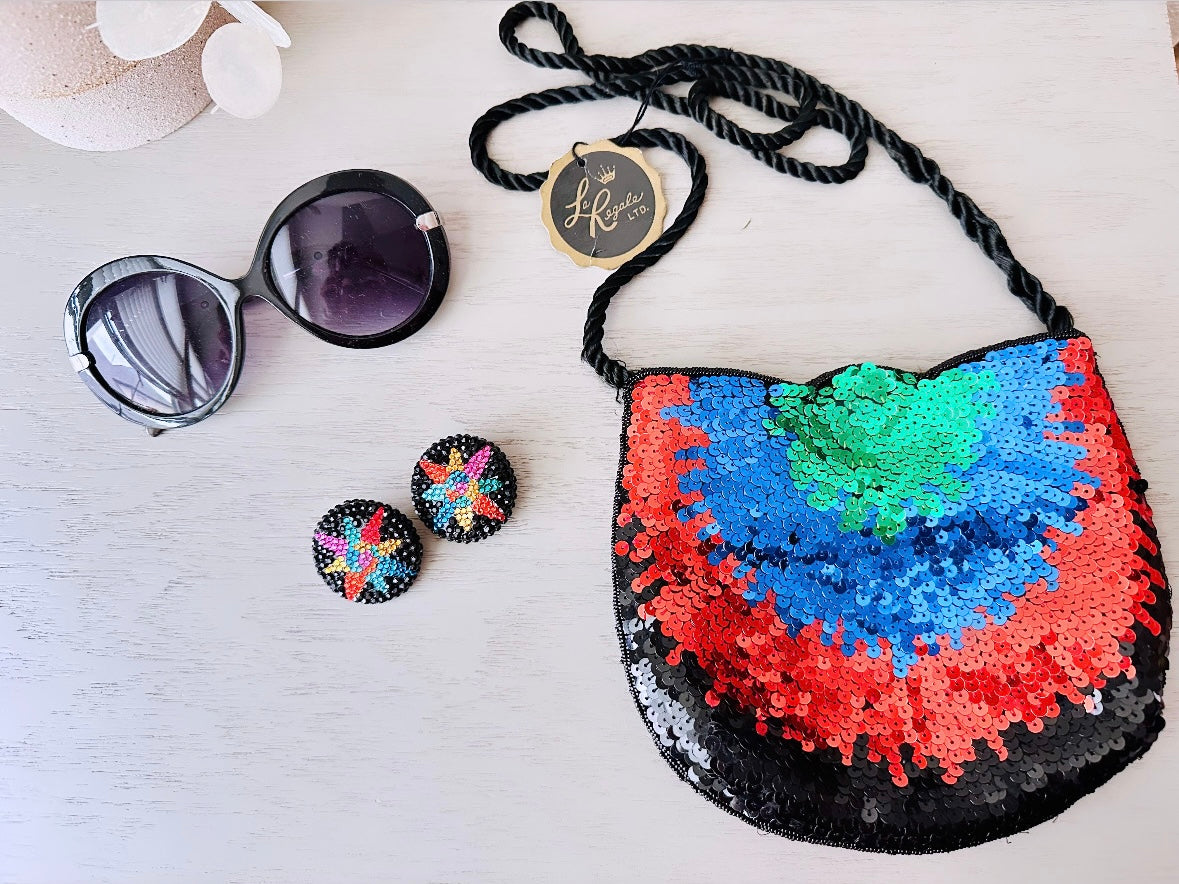 Richard Kerr Vintage Statement Earrings, Black and Rainbow Swarovski Pave Set Crystal Clip On Earrings, Rare Designer Vintage 1980s Earrings