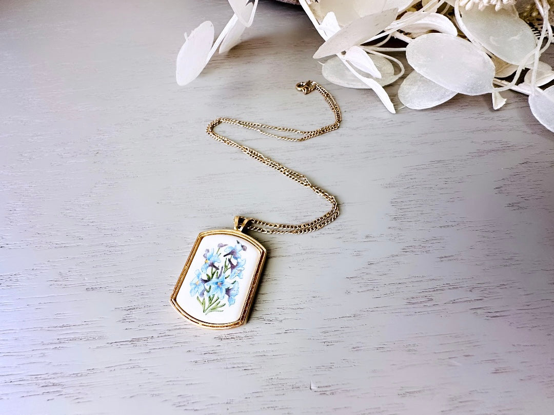 Blue Larkspur Flower Pendant Necklace, Vintage Avon Necklace, 1980 Floral Heritage July Birthday, Blue Flowers Porcelain & Dainty Gold Chain