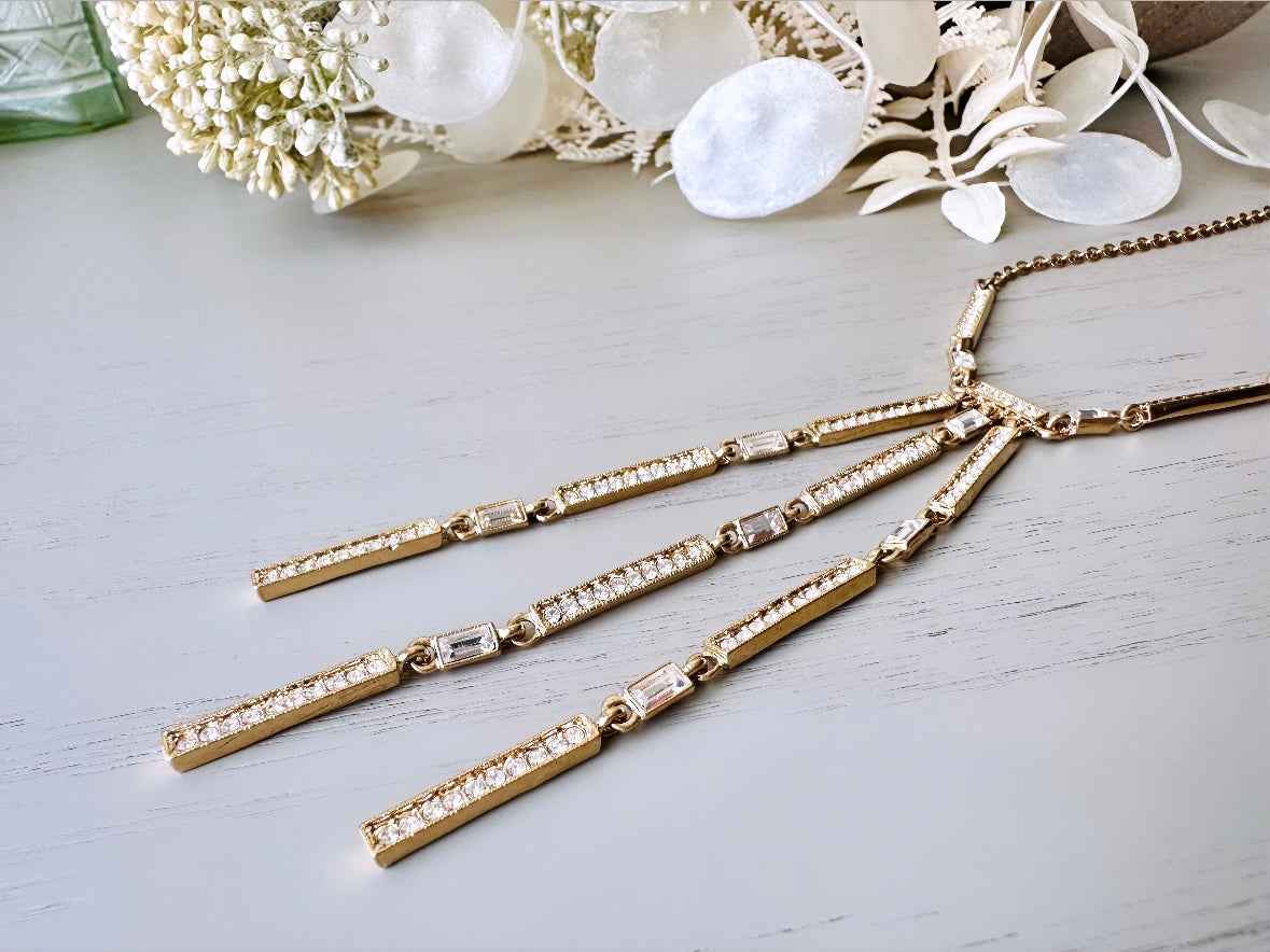 Vintage Napier Necklace, Gold tone multistrand y-necklace with channel set diamond rhinestones, gorgeous long vintage necklace layered look