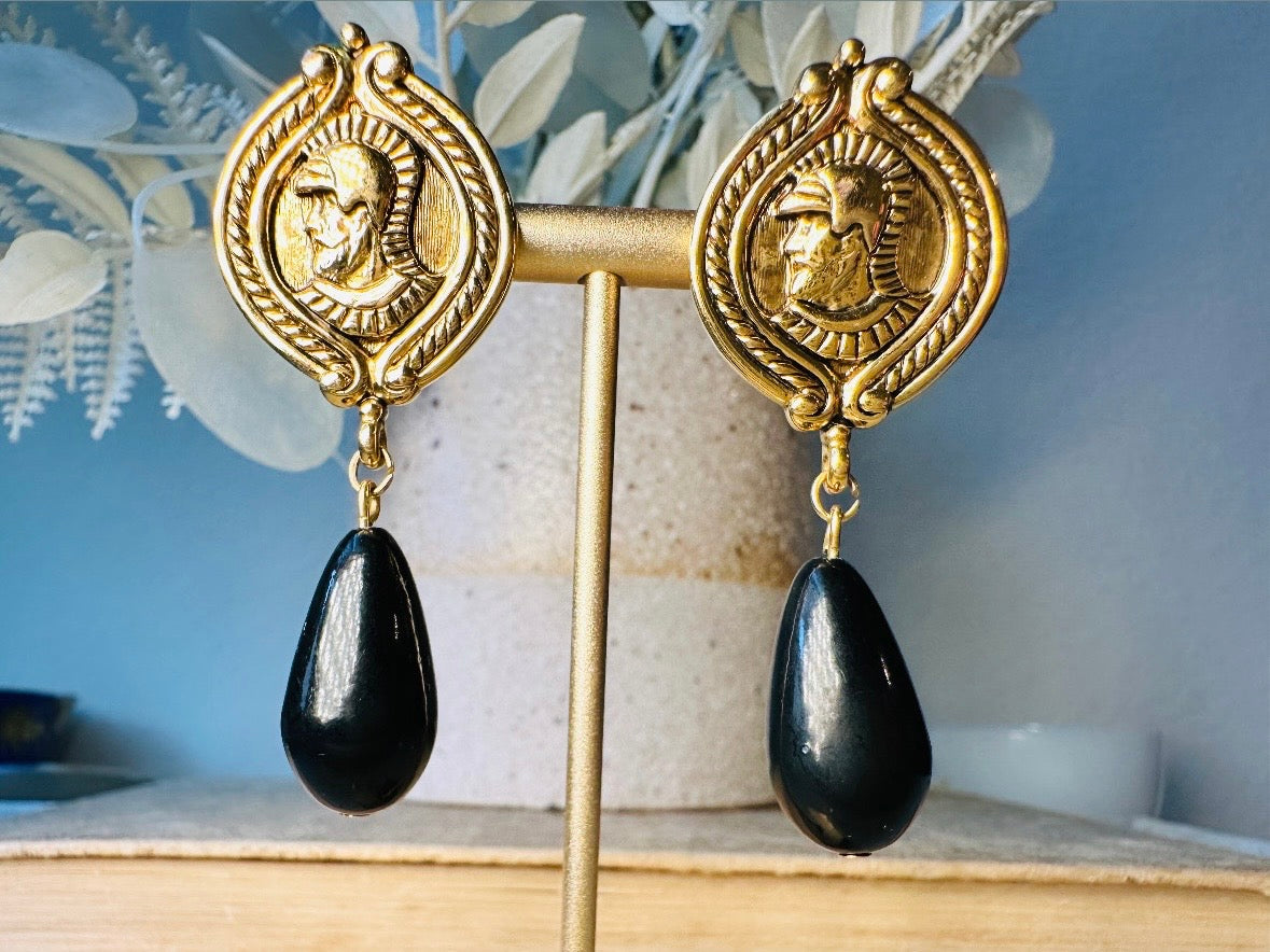 Gold Coin Earrings, Vintage Napier 1970s Roman Earrings, Gold Medallion and Black Drop Earrings, Etruscan Style Teardrop Earrings