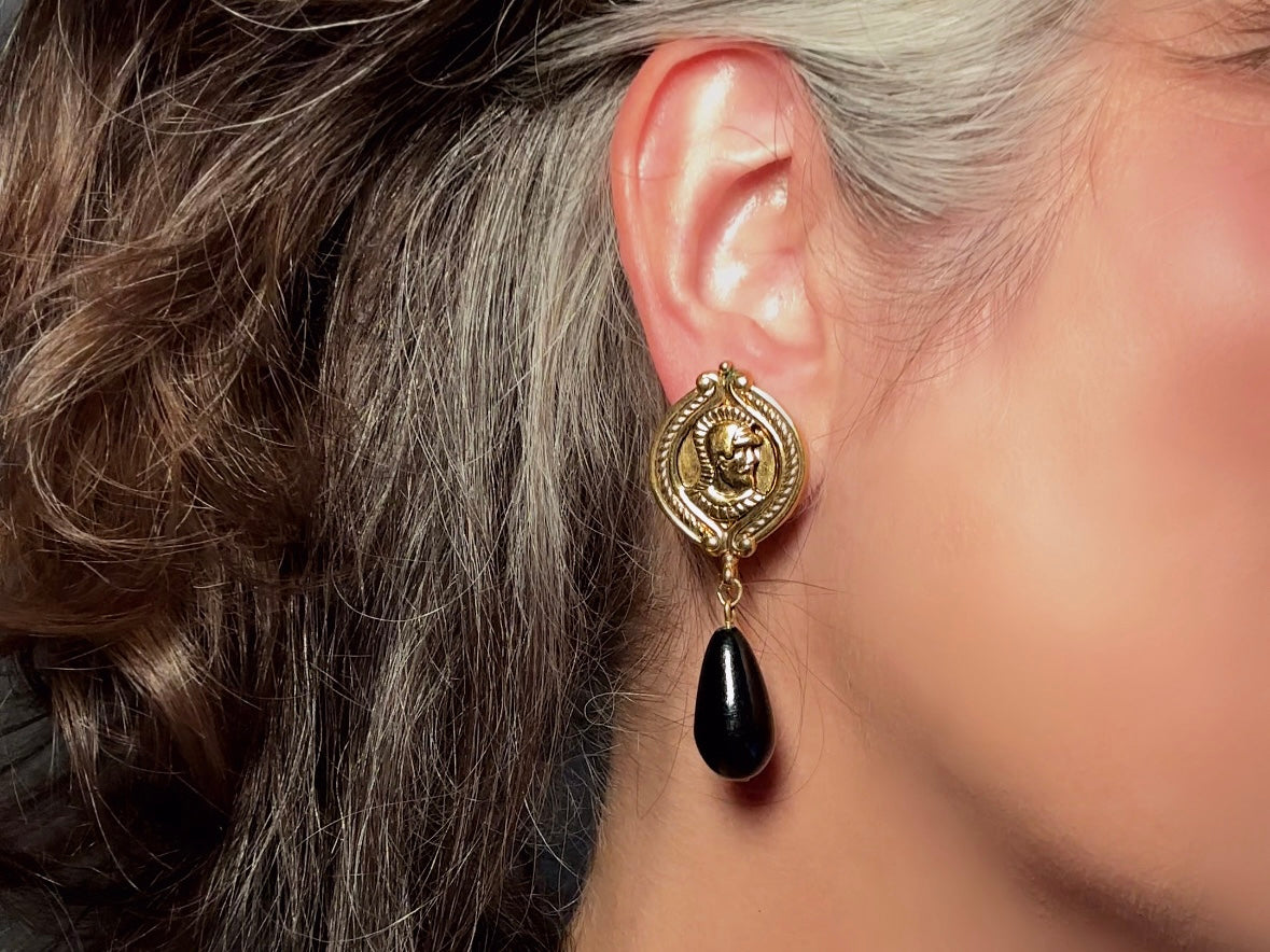 Gold Coin Earrings, Vintage Napier 1970s Roman Earrings, Gold Medallion and Black Drop Earrings, Etruscan Style Teardrop Earrings