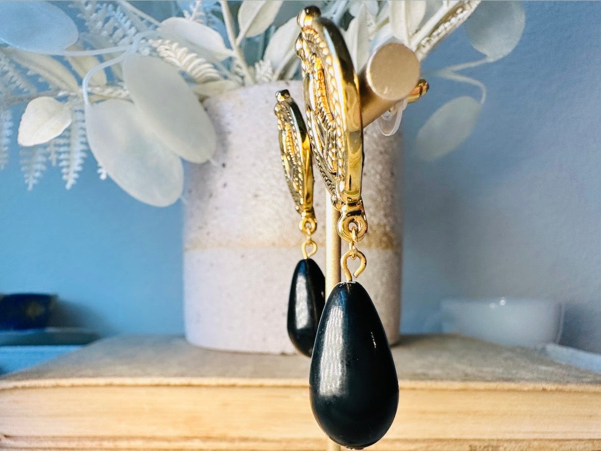 Gold Coin Earrings, Vintage Napier 1970s Roman Earrings, Gold Medallion and Black Drop Earrings, Etruscan Style Teardrop Earrings