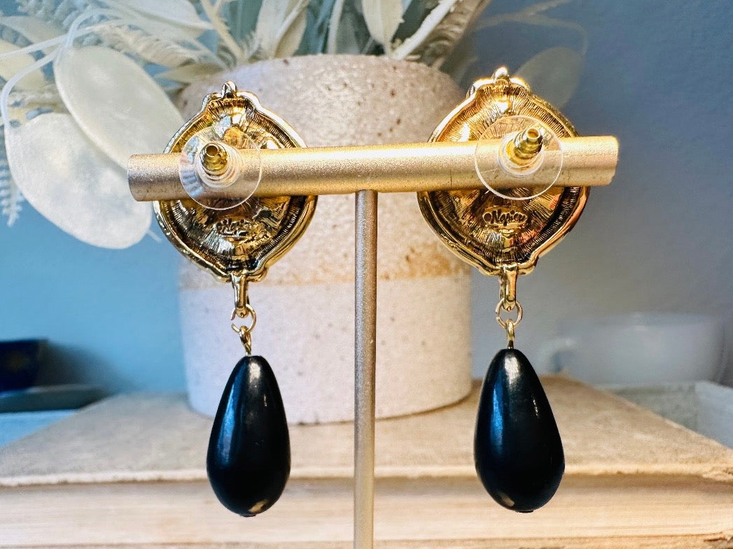 Gold Coin Earrings, Vintage Napier 1970s Roman Earrings, Gold Medallion and Black Drop Earrings, Etruscan Style Teardrop Earrings