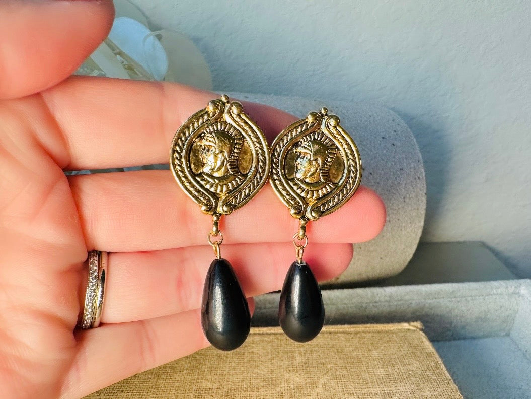 Gold Coin Earrings, Vintage Napier 1970s Roman Earrings, Gold Medallion and Black Drop Earrings, Etruscan Style Teardrop Earrings