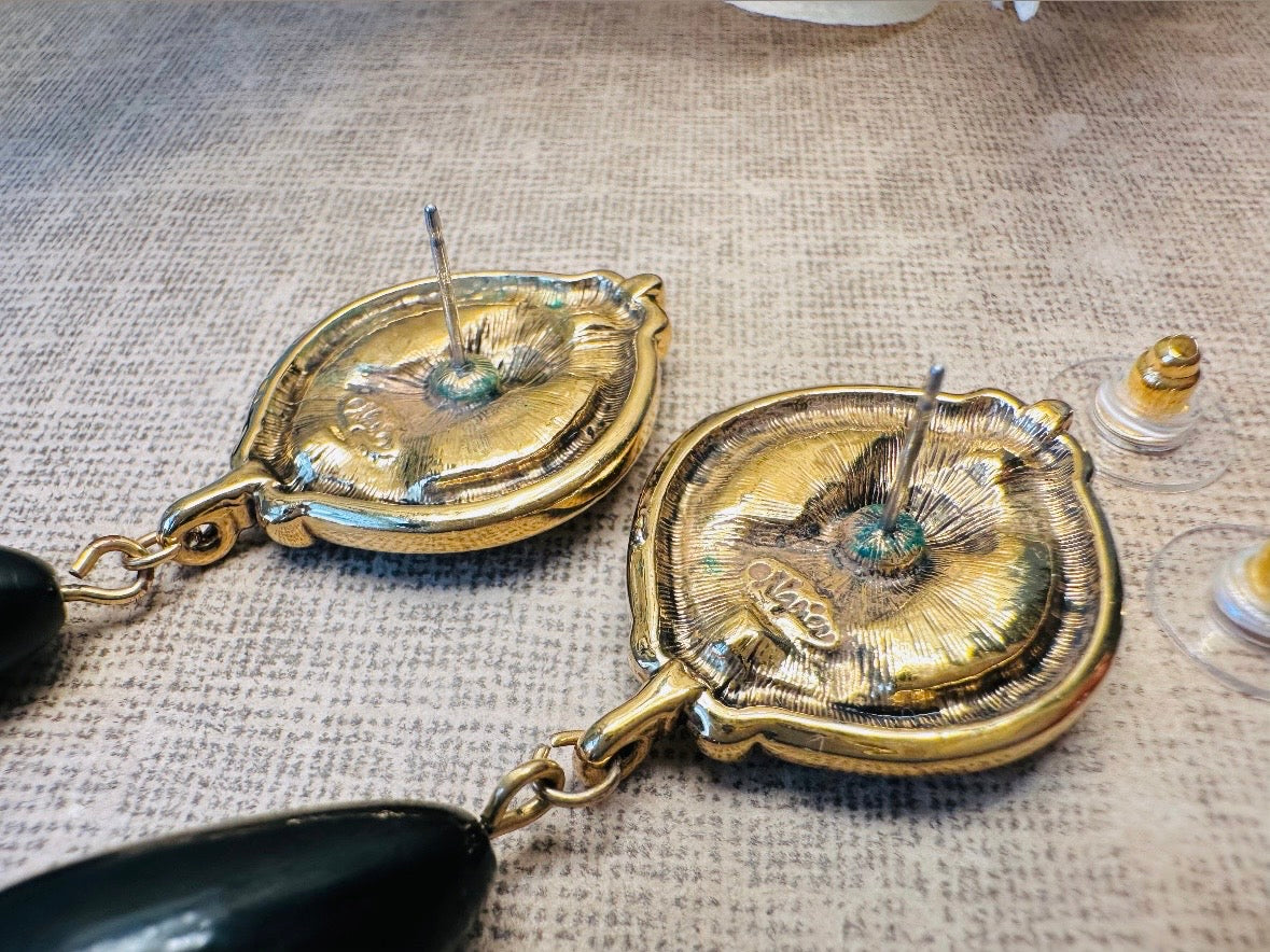 Gold Coin Earrings, Vintage Napier 1970s Roman Earrings, Gold Medallion and Black Drop Earrings, Etruscan Style Teardrop Earrings