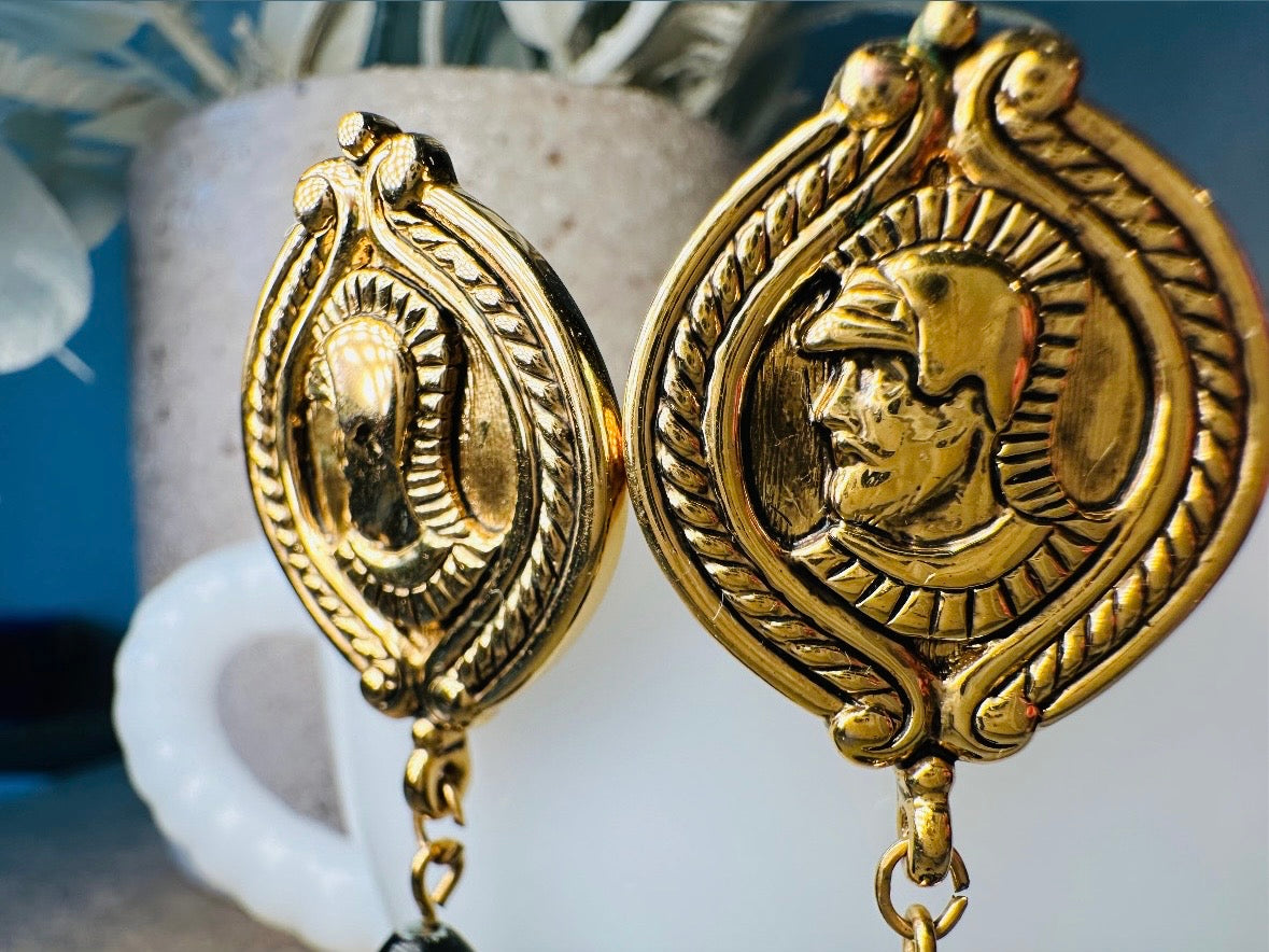Gold Coin Earrings, Vintage Napier 1970s Roman Earrings, Gold Medallion and Black Drop Earrings, Etruscan Style Teardrop Earrings