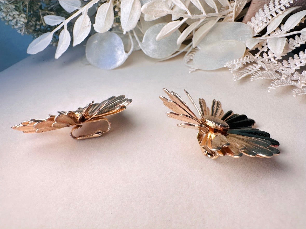 Gold Daisy Earrings, Big 1960s Vintage Flower Earrings, Huge Floral Clip On Statement Earrings