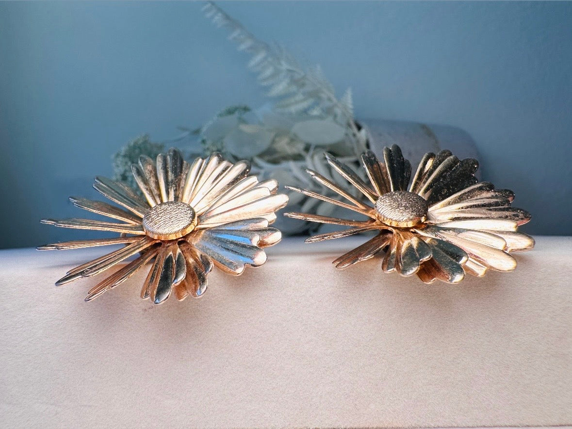Gold Daisy Earrings, Big 1960s Vintage Flower Earrings, Huge Floral Clip On Statement Earrings