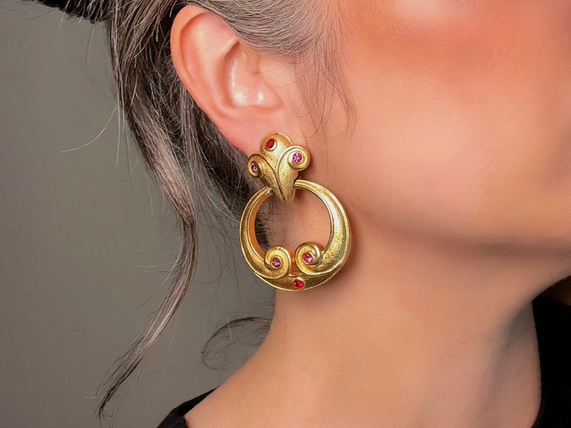 Gold Door Knocker Earrings with Red and Pink Crystals, Vintage Statement Earrings, Bold Brushed Gold Hoop Clip On Earrings