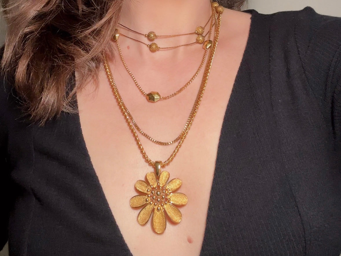 Gold Flower Necklace, Vintage Crown Trifari Floral Pendant on 24" Signed Monet Twist Chain