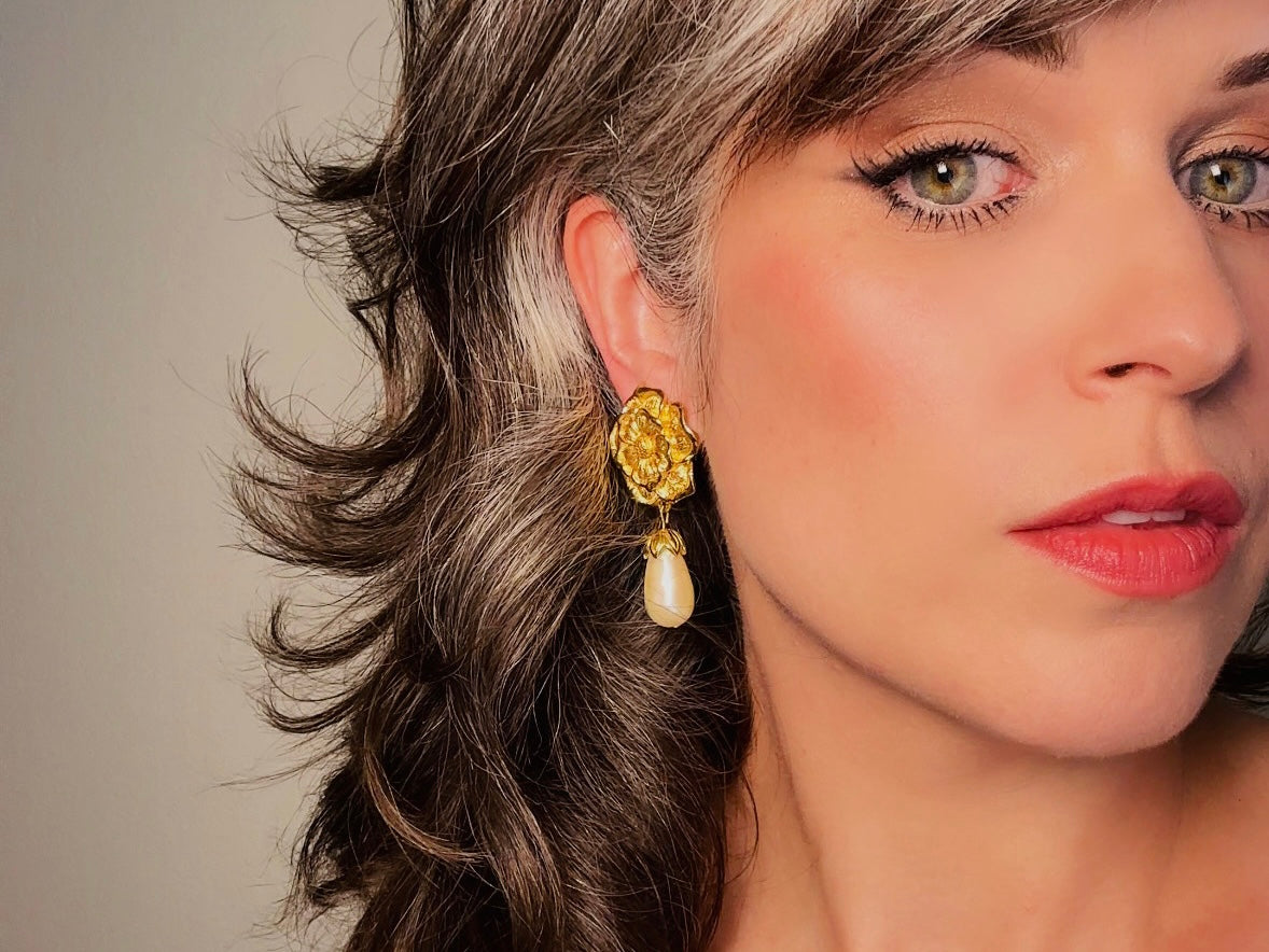 Gold Flower and Pearl Teardrop Earrings, Oversized Baroque Earrings by Avon, Elegant Gold Drop Pierced Dangle Earrings