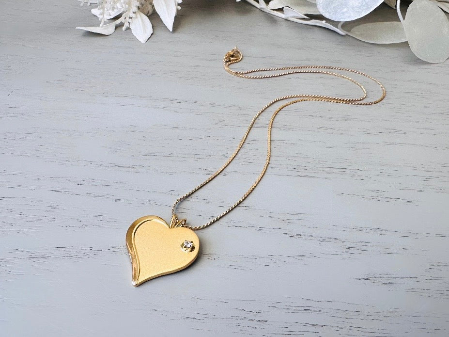 Gold Heart Necklace with Diamond Rhinestone, Sweet Vintage Gold Heart Charm Necklace, Gold Heart Pendant Necklace, VTG 18" Chain Necklace