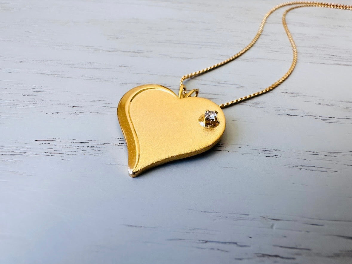 Gold Heart Necklace with Diamond Rhinestone, Sweet Vintage Gold Heart Charm Necklace, Gold Heart Pendant Necklace, VTG 18" Chain Necklace