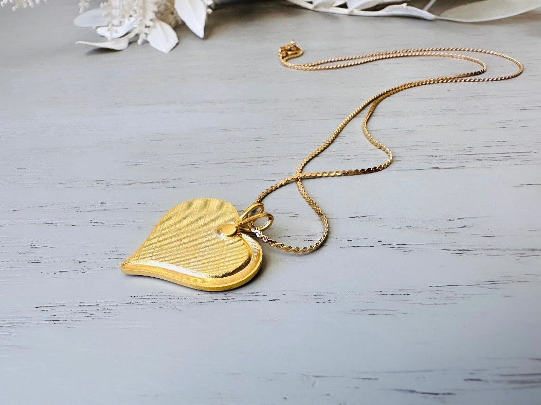 Gold Heart Necklace with Diamond Rhinestone, Sweet Vintage Gold Heart Charm Necklace, Gold Heart Pendant Necklace, VTG 18" Chain Necklace