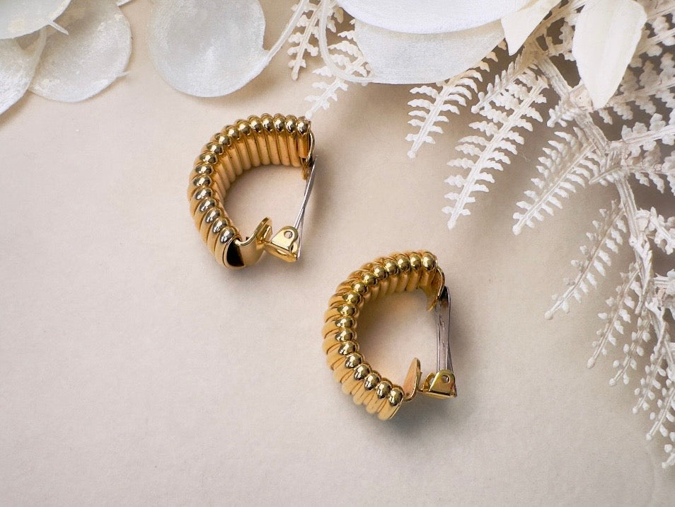 Gold Huggie Hoop Earrings, 1980s Vintage Textured Bold Half Hoop Clip On Earrings